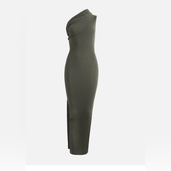 Rick Owens One-Shoulder Ribbed Wool Dress in Olive - Picture 7 of 8